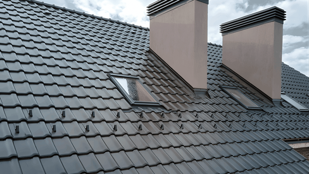 slate roof installation near skylights and chimneys showing finished roof with neat tile placement and alignment