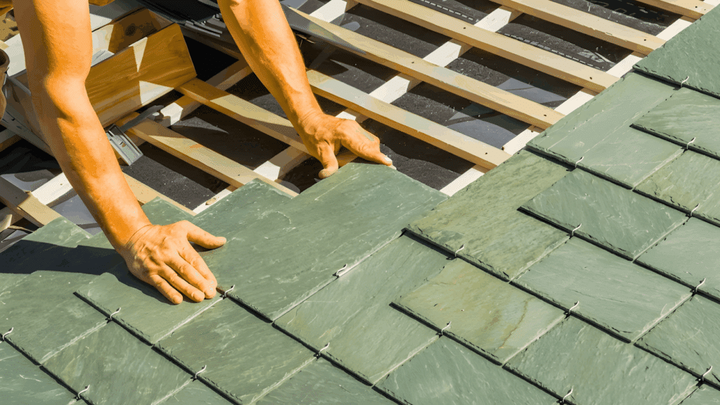 slate roof installation showing careful placement of tiles with precision to ensure proper alignment and durability