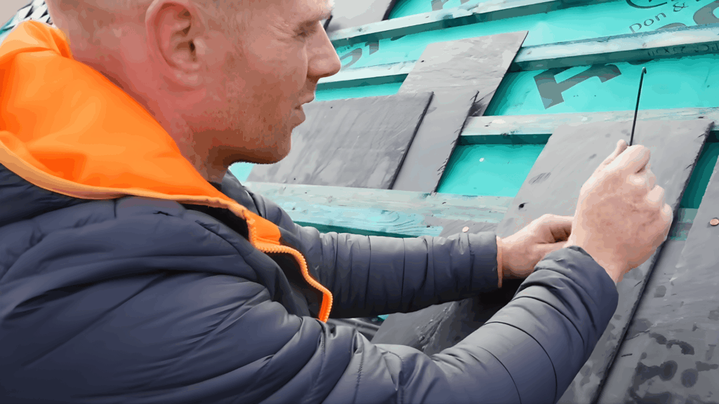 slate roof installation with a worker marking slate tiles for precise fitting and alignment with nails