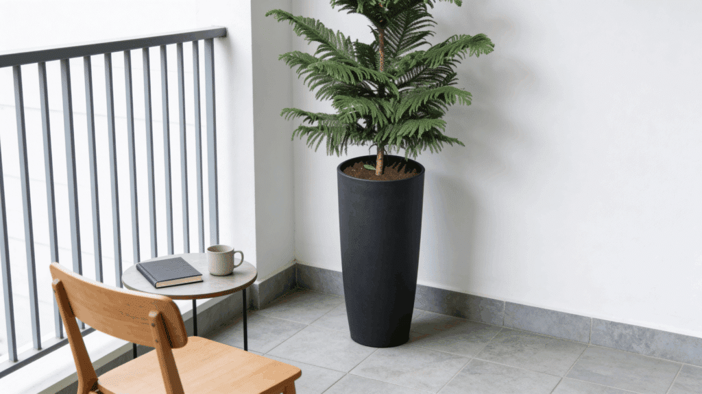 small balcony corner with a wooden chair table cup and book next to a tall potted indoor tree near railing