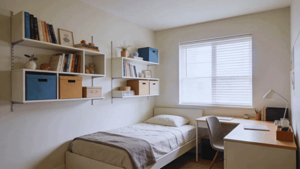 small bedroom with open shelves storage boxes desk and single bed layout