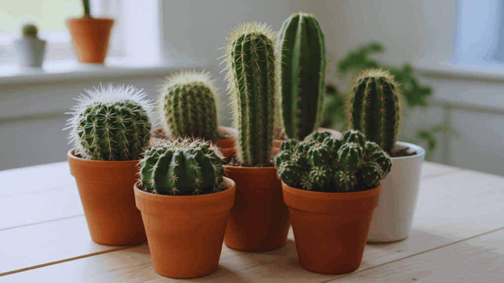 small cactus plants in pots placed on table near window with natural light
