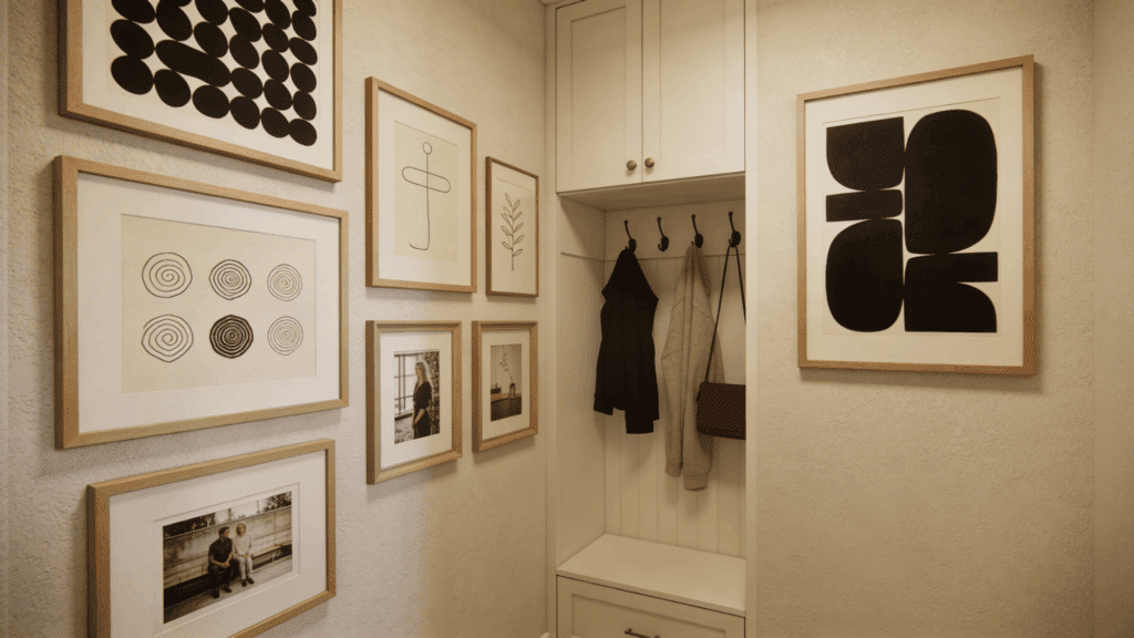 small entry nook with framed artwork hooks and cabinet creating cozy organized wall storage space