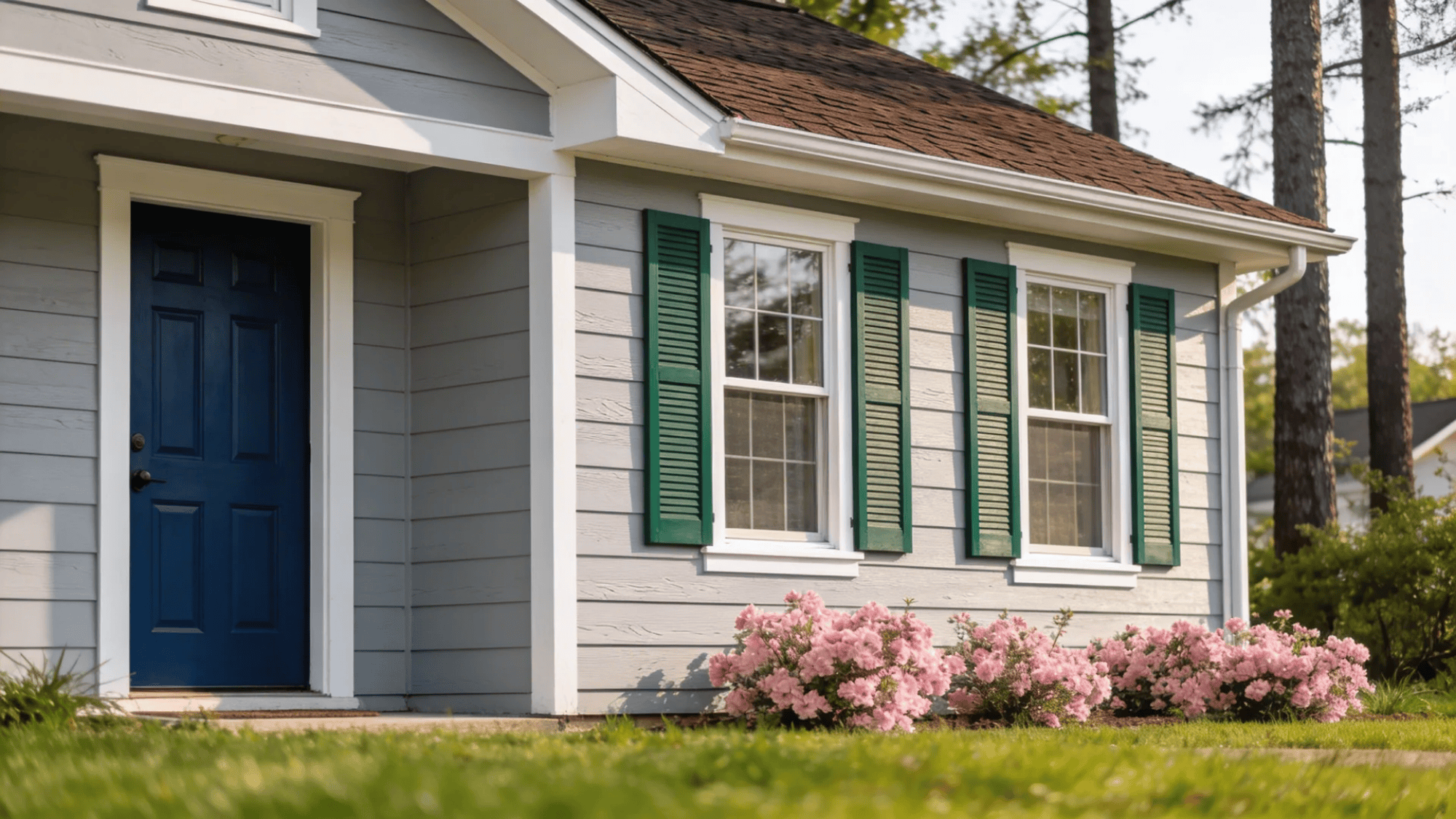 small house exterior with blue door green shutters and pink flowers along front yard