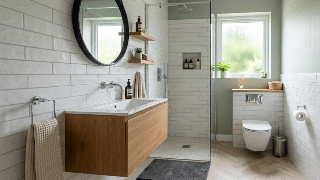 small master bathroom design with floating wood vanity round mirror glass shower and compact layout