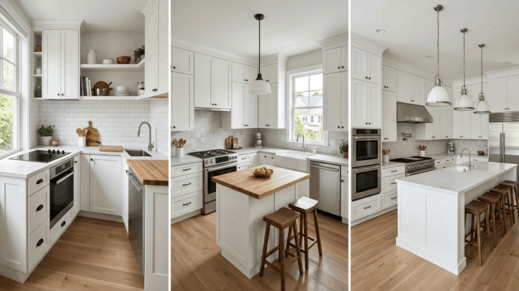 small medium and large kitchen cabinet layouts comparison showing different kitchen sizes with painted cabinets indoors