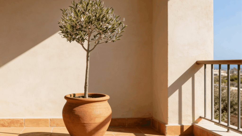 small olive tree in a clay pot placed on a sunlit tiled balcony with warm walls and metal railing