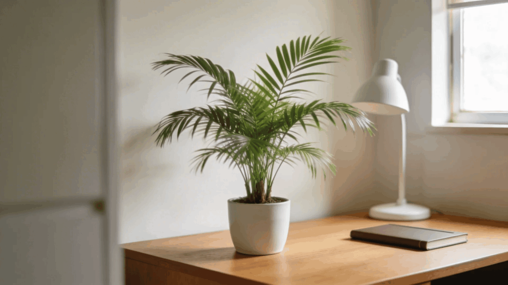 small parlor palm on desk in indoor workspace with natural light and simple home decor setup