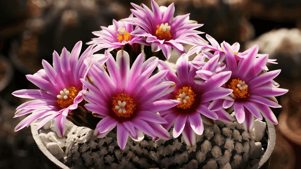 small round cactus with dense white spines topped by multiple pink daisy-like flowers with yellow centers in a pot