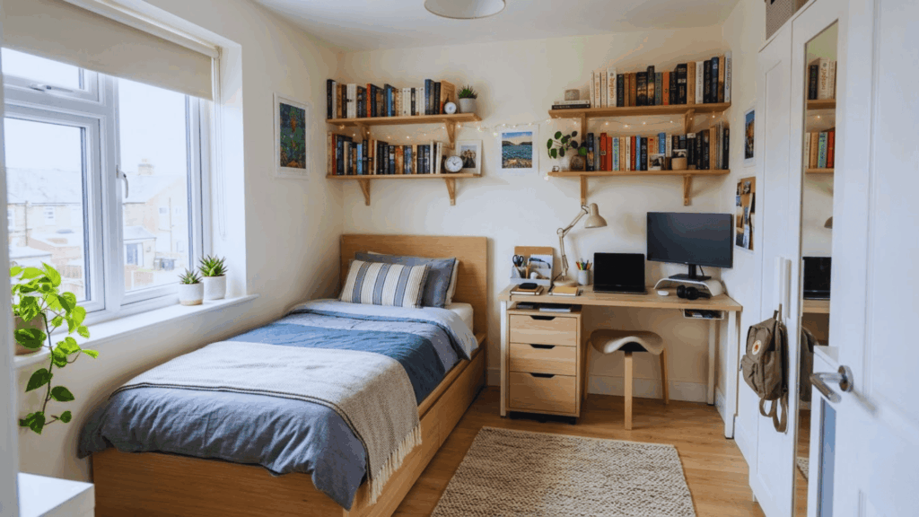 small teen bedroom with study desk shelves books and natural light