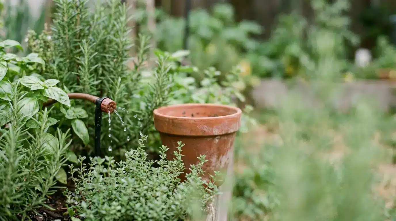 Herb garden with terracotta pot and water dripper in lush greenery