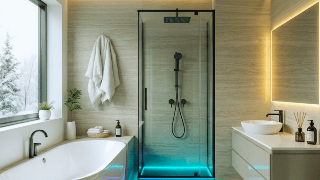 smart tech bathroom with digital mirror display modern shower controls and latest technology