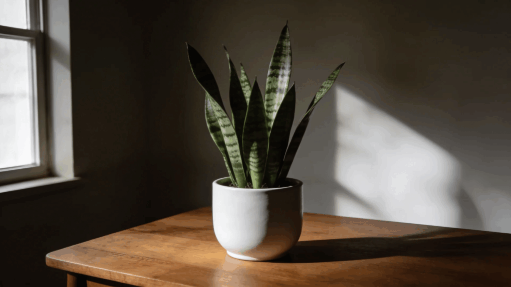 snake plant in small pot on wooden table placed in low light indoor minimal home setup