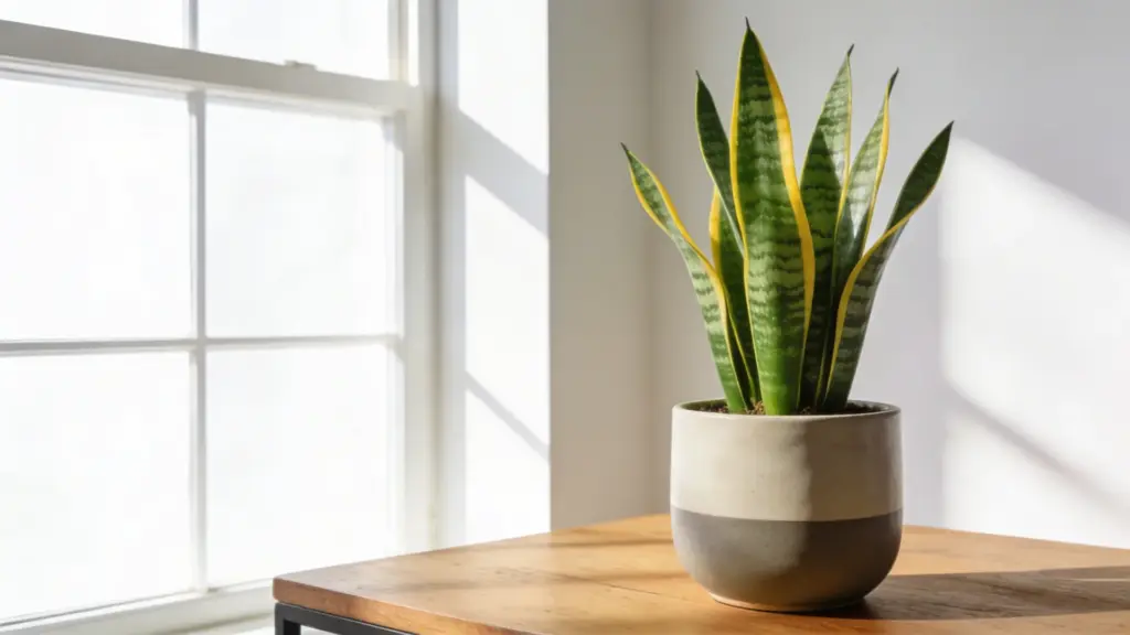 snake plant with tall upright green leaves and yellow edges in a modern pot on a wooden table near a bright sunny window
