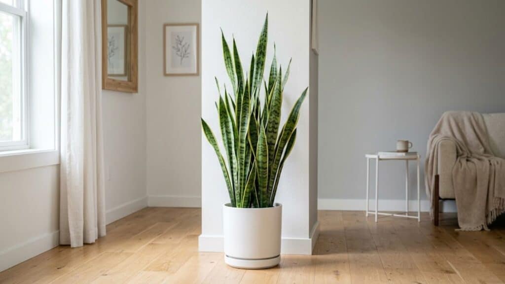 snake plant with upright sword leaves in minimal room showing easy care indoor plant style