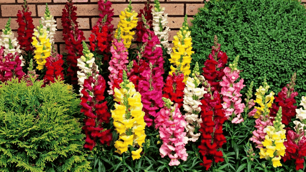 snapdragon flowers in mixed colors growing upright with detailed blooms in sunlight