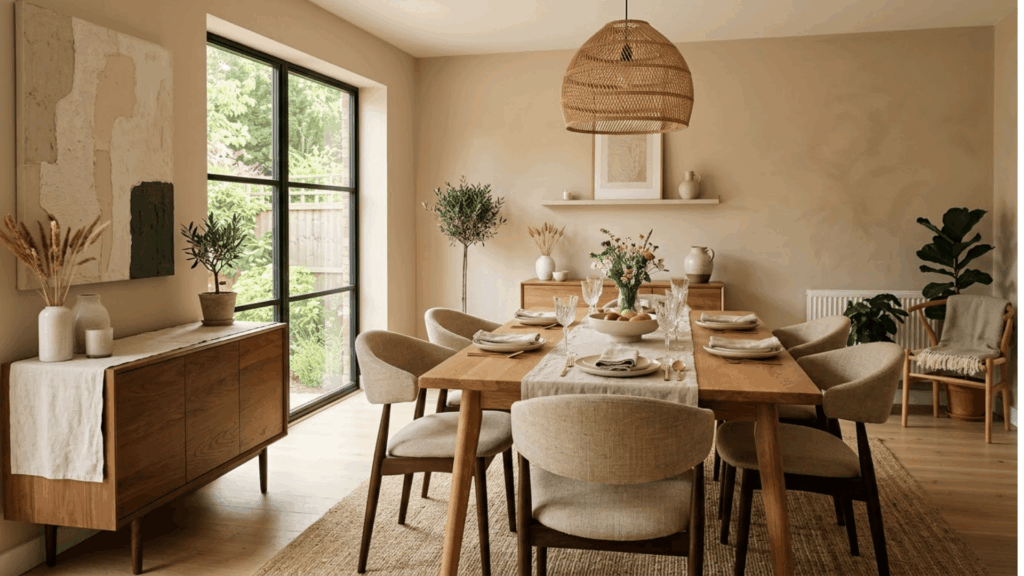 soft beige dining room with wooden table neutral decor and warm natural light creating a cozy and inviting space