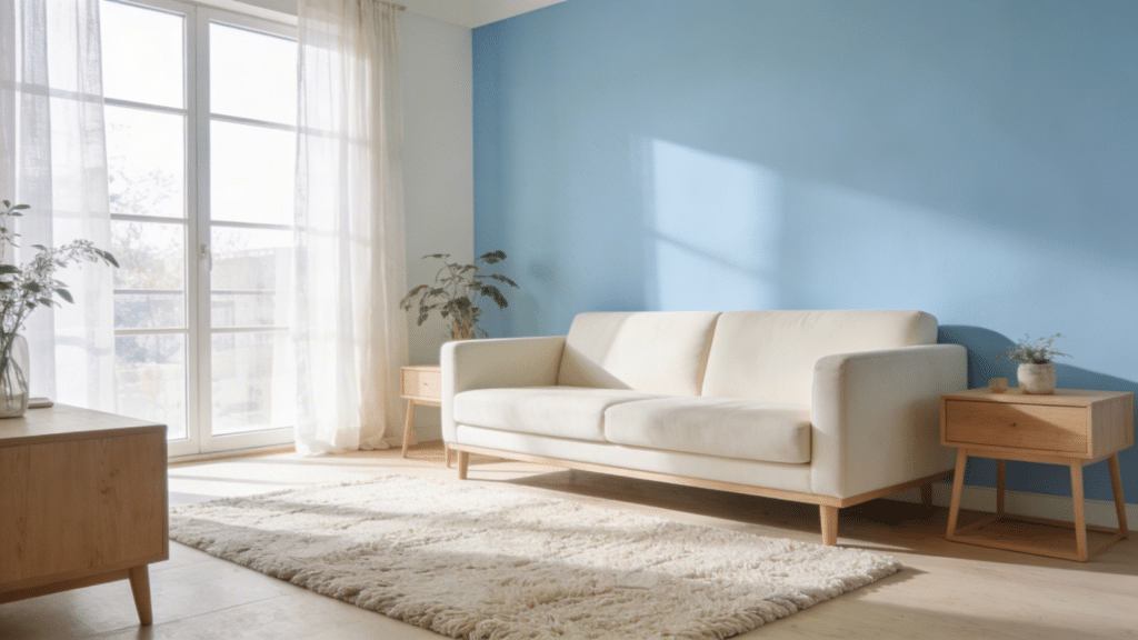 soft blue and cream living room with cream sofa light wood furniture airy curtains and bright natural sunlight