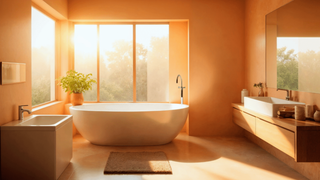 soft lighting cozy bathroom with warm glow gentle shadows and comfortable space