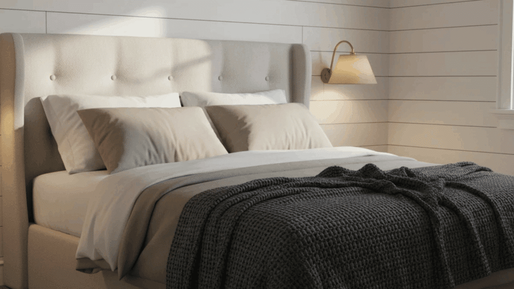 soft neutral bedroom with fabric headboard lamp and textured blanket