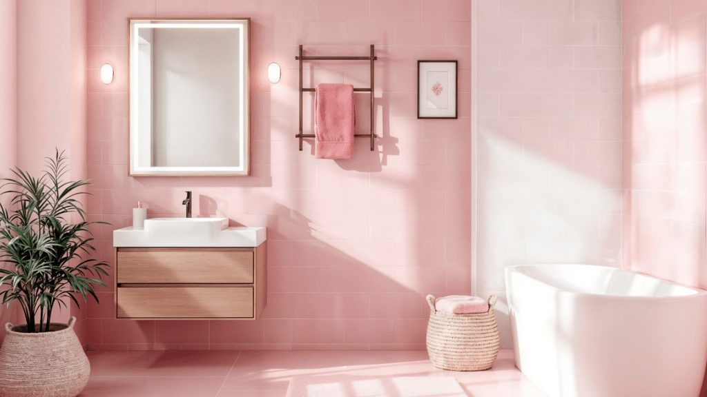 soft pastel bathroom design with pink tiles white tub and gentle sunlight creating calm space