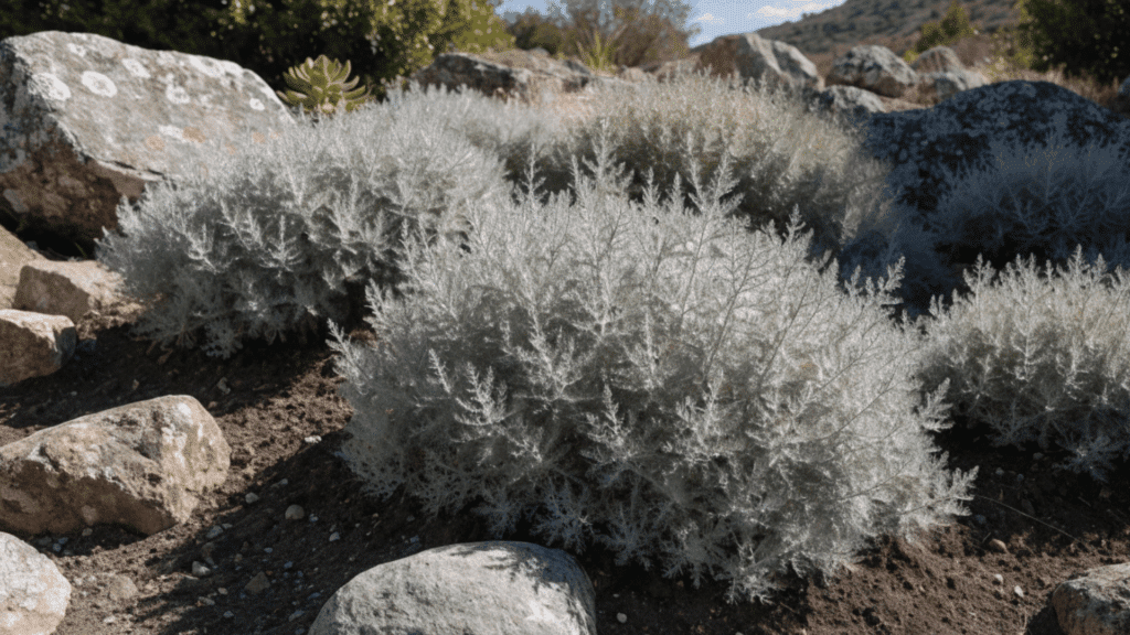 soft silvery foliage plants growing among rocks in a dry landscaped garden area