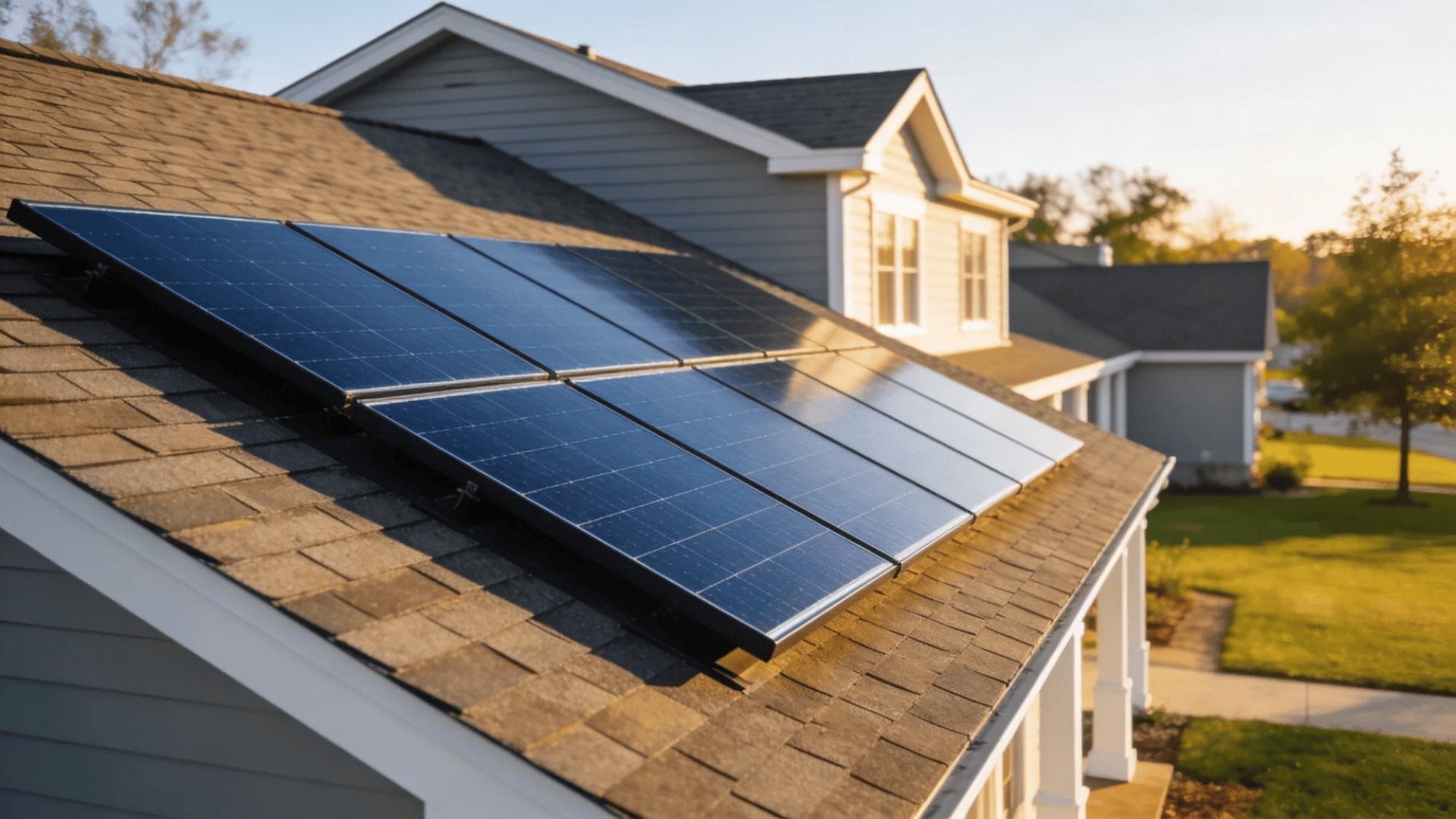 solar panels installed on house roof catching sunlight in suburban neighborhood