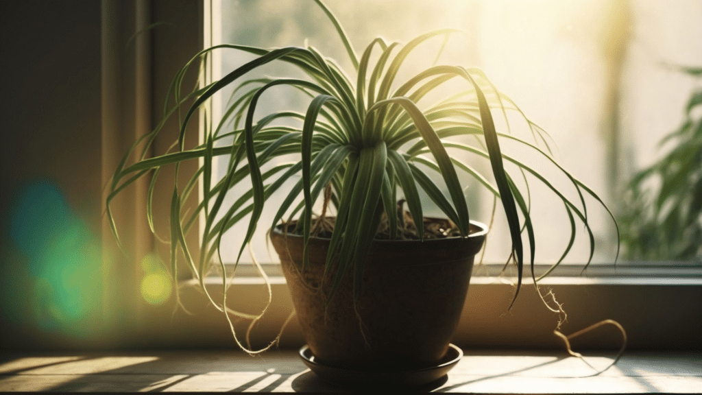 spider plant in pot near sunny window