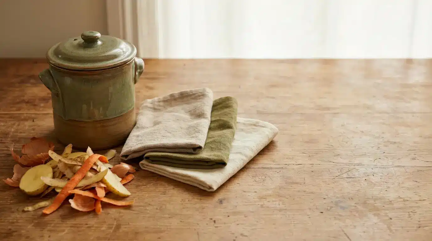 Ceramic compost bin and vegetable peels on rustic wooden table in soft daylight