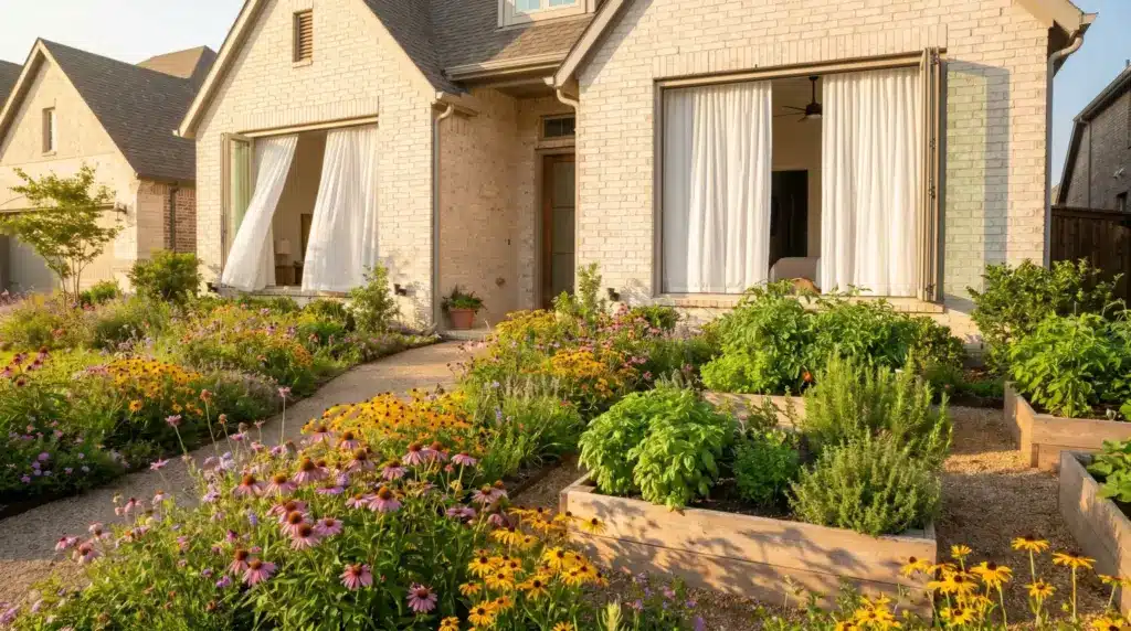 Flower-filled garden with colorful blooms and raised beds in front of a brick house