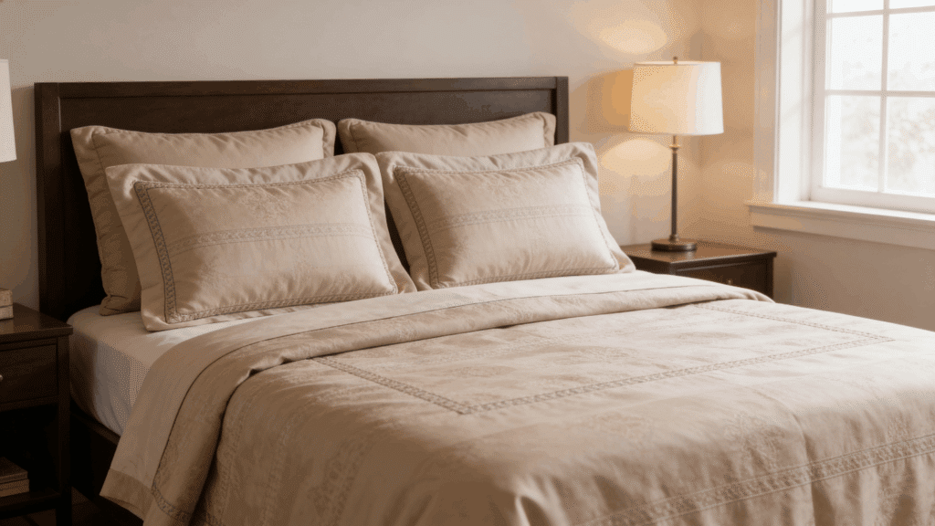 stacked beige and white pillows arranged on bed with upholstered headboard in bedroom