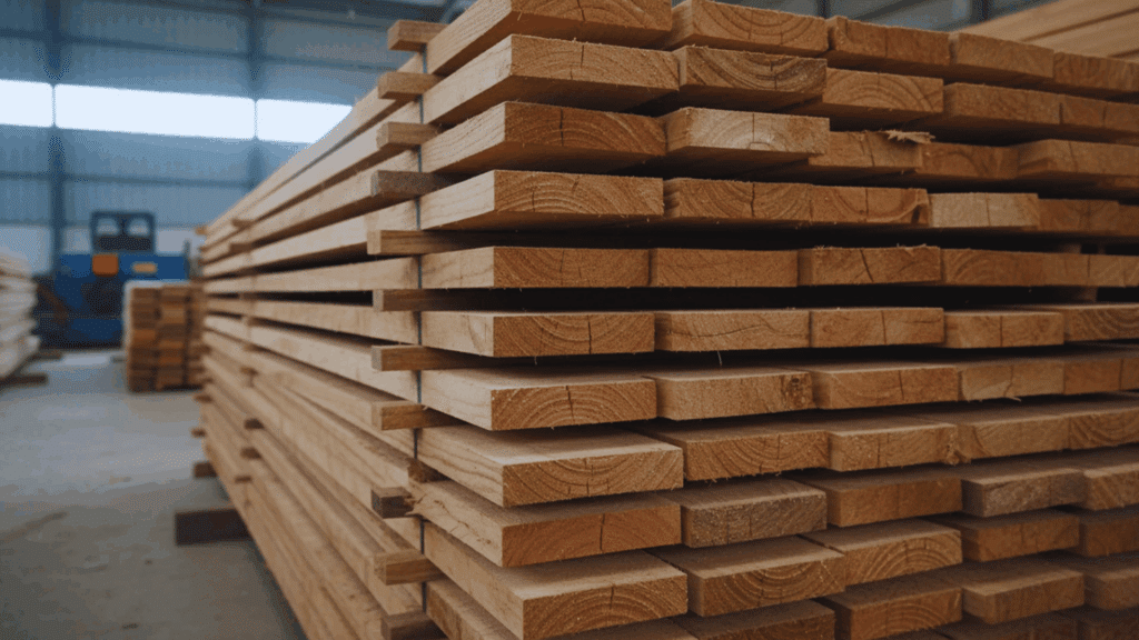 stacked rubberwood planks in warehouse with clean cut edges and wood grain texture
