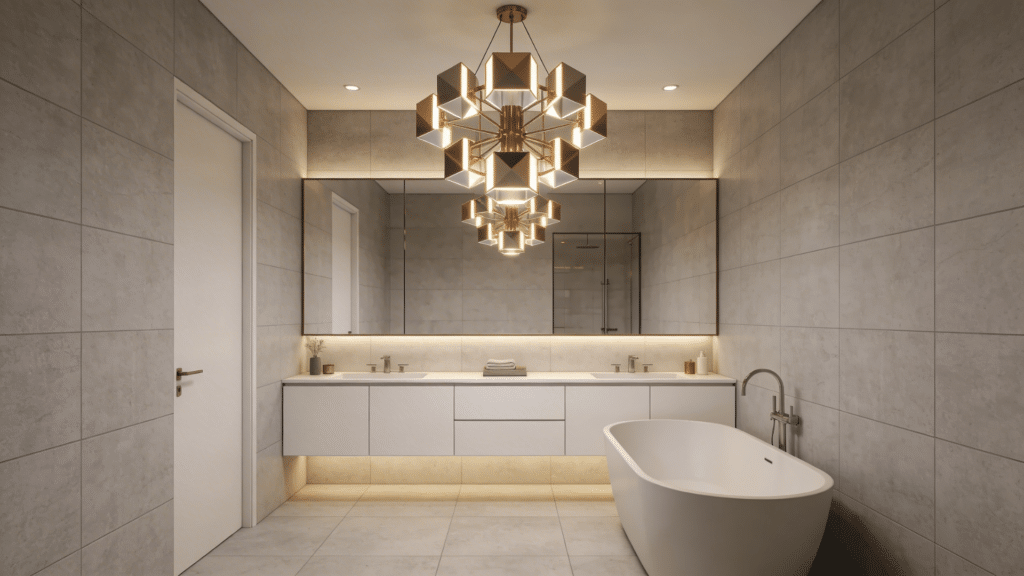 statement lighting bathroom with bold chandelier casting warm glow