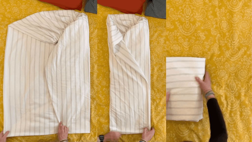 step by step folding of fitted sheet showing long fold and final compact shape on yellow patterned bed
