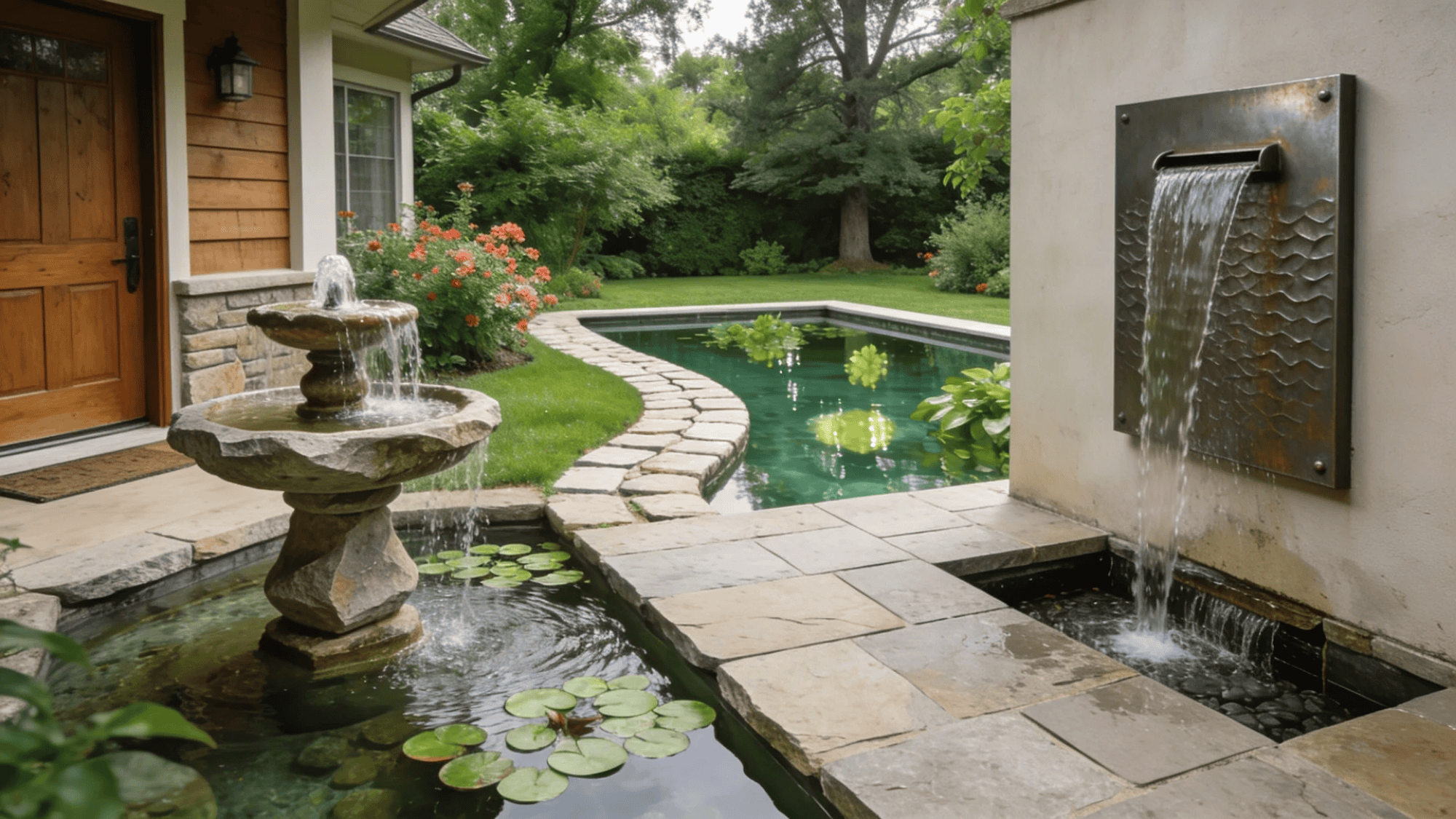 stone fountain with flowing water beside garden pond and walkway near house surrounded by greenery