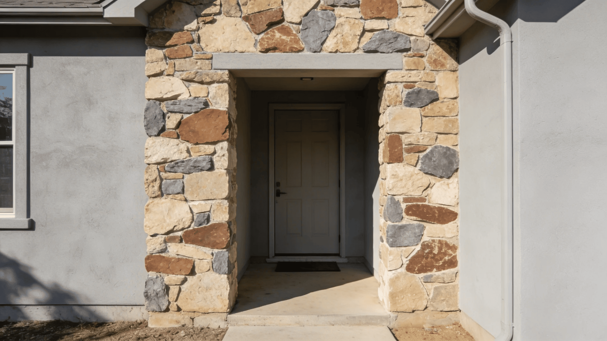 stone house entry with recessed doorway and surrounding textured exterior walls