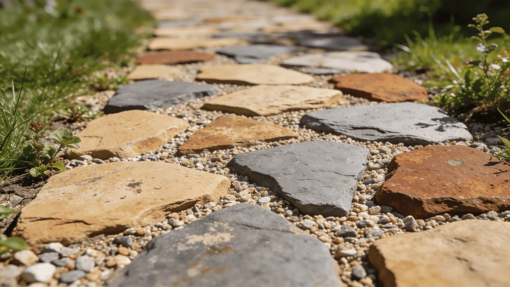 stone pathway made of irregular flat rocks set in gravel with small plants growing along edges
