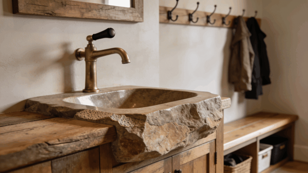 stone sink with brass faucet on wooden vanity creating rustic functional wash area in entry space