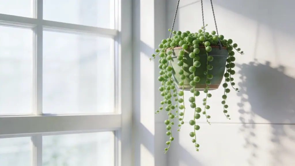 string of pearls plant with trailing bead-like green leaves in a hanging pot near a bright window with natural sunlight
