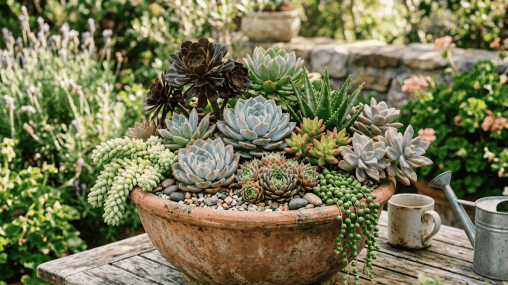 succulent container garden with mixed colorful succulents arranged in a large shallow pot outdoors