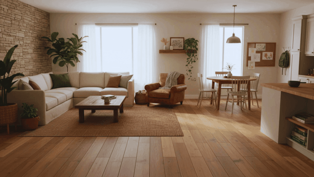 sustainable interior design living room with natural light plants wooden floor and eco friendly furniture