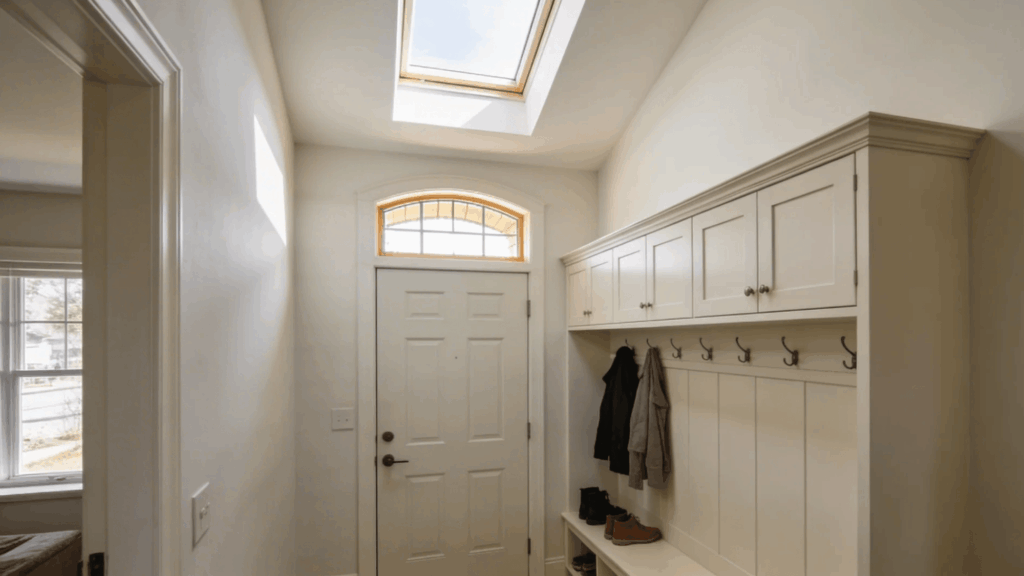 tall entryway with skylight door and hooks bench creating bright functional mudroom with natural light