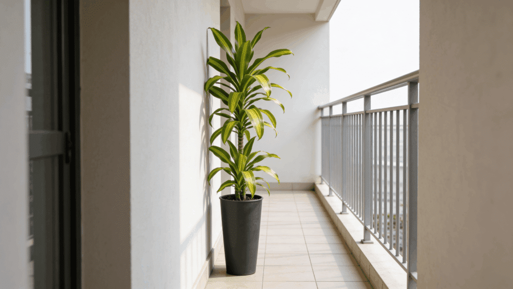 tall green houseplant in black pot placed on a sunlit apartment balcony with metal railing and tiled floor