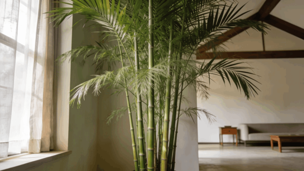 tall indoor palm plant near window with sunlight in spacious living room interior
