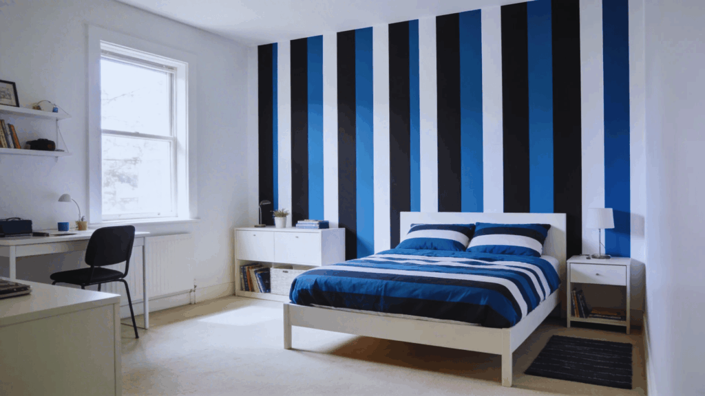 teen bedroom with bold blue black white striped wall simple bed desk clean modern layout