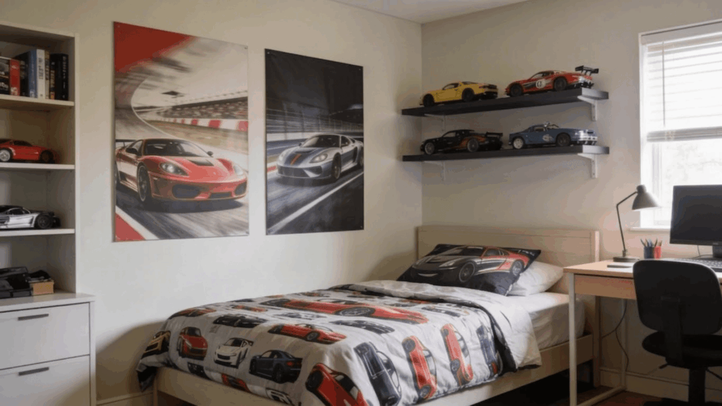 teen bedroom with car theme posters model cars shelf and desk setup