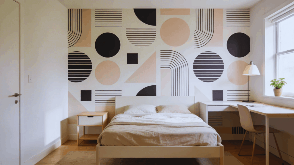 teen bedroom with geometric graphic wallpaper simple bed desk clean modern layout