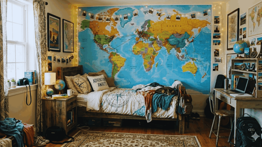 teen bedroom with large world map wall, travel photos lights cozy bed desk and decor