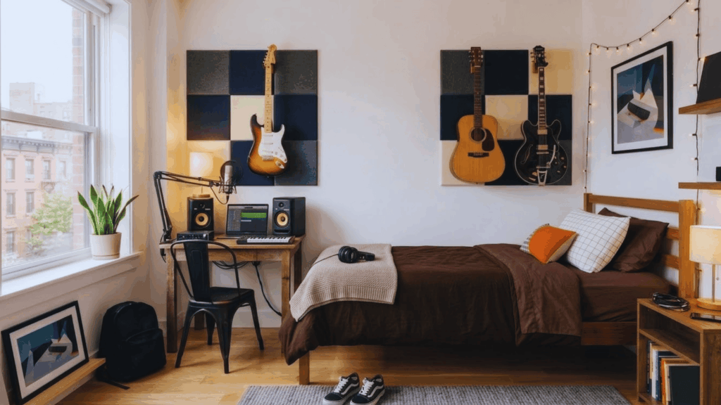 teen bedroom with music setup guitars desk speakers and bed