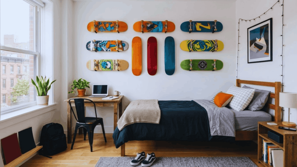 teen bedroom with skateboard wall decor desk setup and simple bed